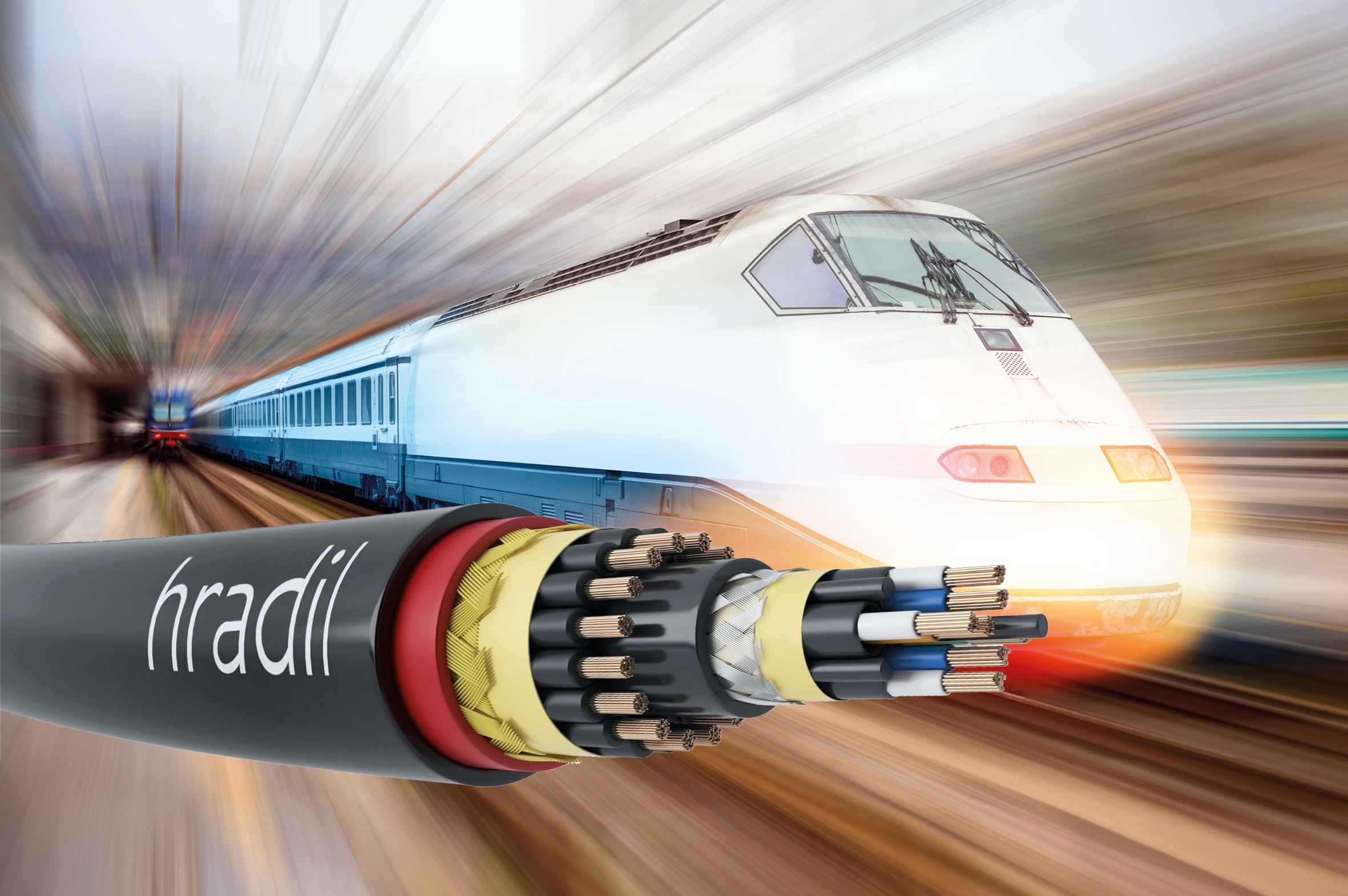 Cat.7 Hybridkabel für Bahnfahrzeuge von Hradil für den Innen- und Außeneinsatz. Das High-Endurance-Kabel ermöglicht die kombinierte Strom- und High-Speed-Datenübertragung